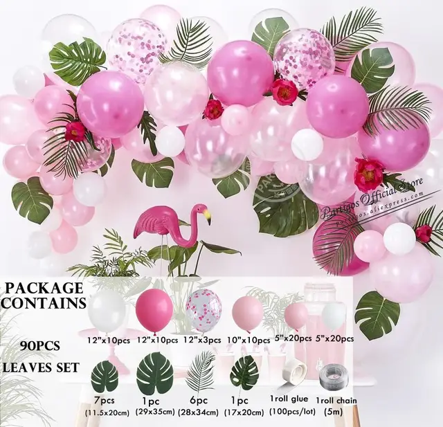 Mix Pink Flamingo Balloons Chain DIY Tropical Hawaii Island Theme Globos Garland Monstera Leaves Birthday Party New Year Decor 90pcs leaf set