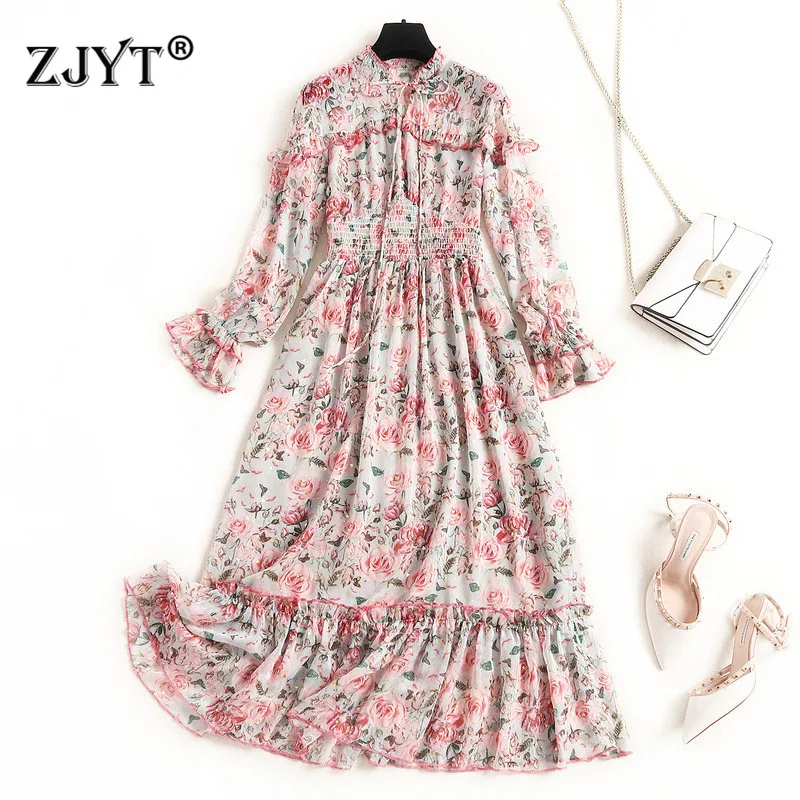 

Floral Printing Chiffon Dress Women 2020 New Spring Designers Flare Sleeve Ruffles Patchwork Mid Calf Bohemian Beach Dress
