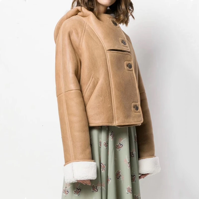 Very best  TWOTWINSTYLE Lamb Fur Hit Color Women's Jackets Hooded Long Sleeve Casual Loose Streetwear Style Co