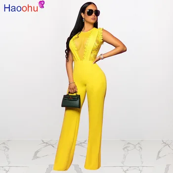 

2020 Summer Women Jumpsuits Lace Mesh O-Neck Yellow Sleeveless Rompers Sexy Night Club Party Elegant One Piece Outfits
