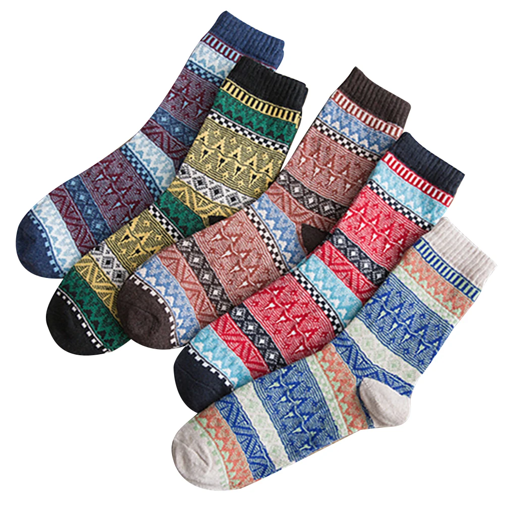 5 пар, мягкие, сохраняющие тепло, милые, с рисунком, термостойкие, средние, Ретро стиль, осень, Рождество, забавные зимние носки для мужчин и женщин