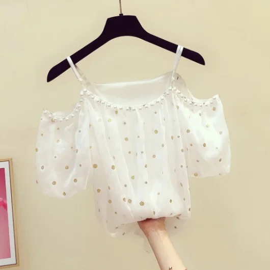 

Blusas Mujer De Moda 2020 Summer New Korean Style Sexy Slash Neck Strap Off-Shoulder Blouse Printed Pearl Beaded Shirt Top
