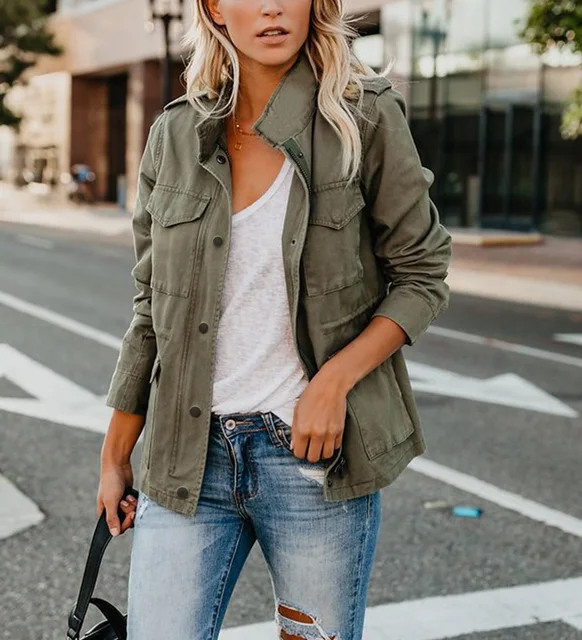 Fashion Women's Army Green Stand Collar Jackets Zipper Closure Outerwear  with Four Pockets Autumn Military Jacket Female Outwear