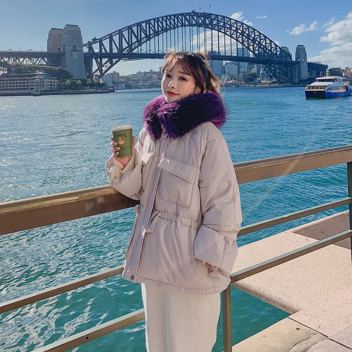 

Photo Shoot New Style Winter Korean-style down Jacket Women's Lace-up Waist Hugging Cotton Coat Large Size Loose-Fit Large Fur C
