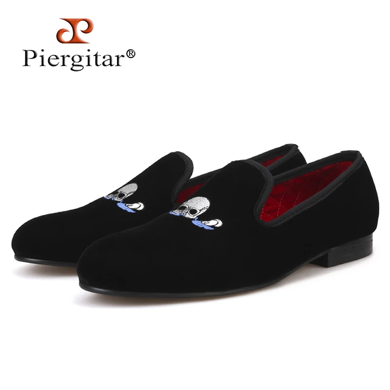 Piergitar zapatos terciopelo hechos a mano para hombre, mocasines con bordado de y mar, zapatillas fumar, planos de grande, color negro|Mocasines| - AliExpress