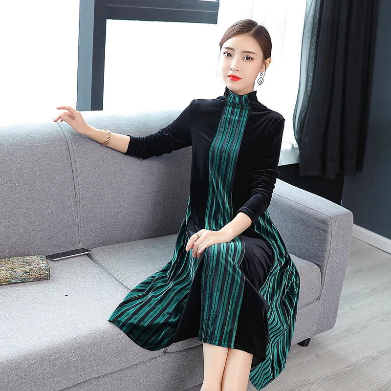 

Large size M-XXXL vrouwen jurk 2019 Autumn new fashion temperament long-sleeved high-necked vertical stripes in the long skirt