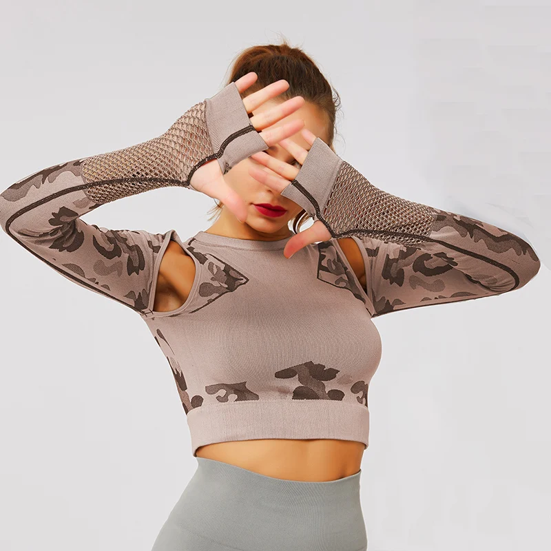 Camo Yoga спортивный короткий топ спортивная футболка с длинным рукавом Топы для