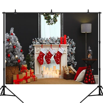 

Photography Background Christmas Tree Candle Wreaths Fireplace Gift Socks Birthday Party Backdrop Photocall Photo Studio