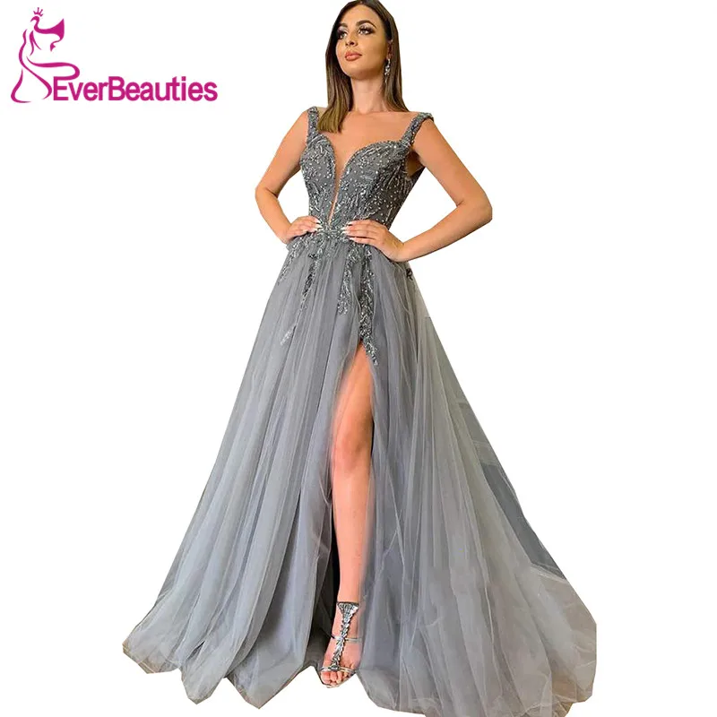 

Suknie Wieczorowe Prom Dresses Long 2020 Side Split Robe De Soiree V-Neck Tulle Appliques Beaded Vestidos De Noite