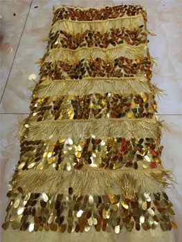 

Latest 5yards gold African Embroidery Tulle Lace Fabric High Quality French Milk Silk Lace Fabric With Sequins 5 Yard FHD218