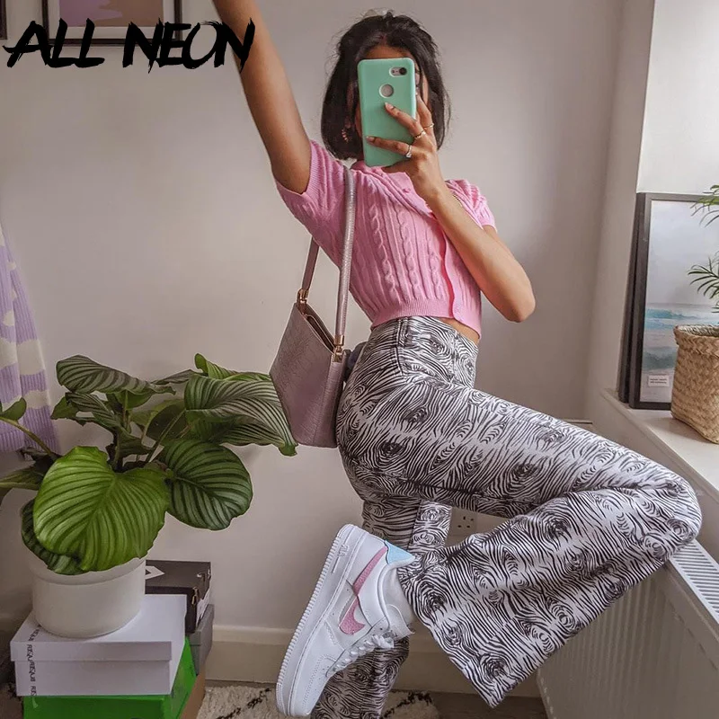 

ALLNeon Indie Aesthetics Slim Printing Flare Pants Y2K Fashion High Waist Long Trousers 2000s Vintage Streetwear Casual Bottoms