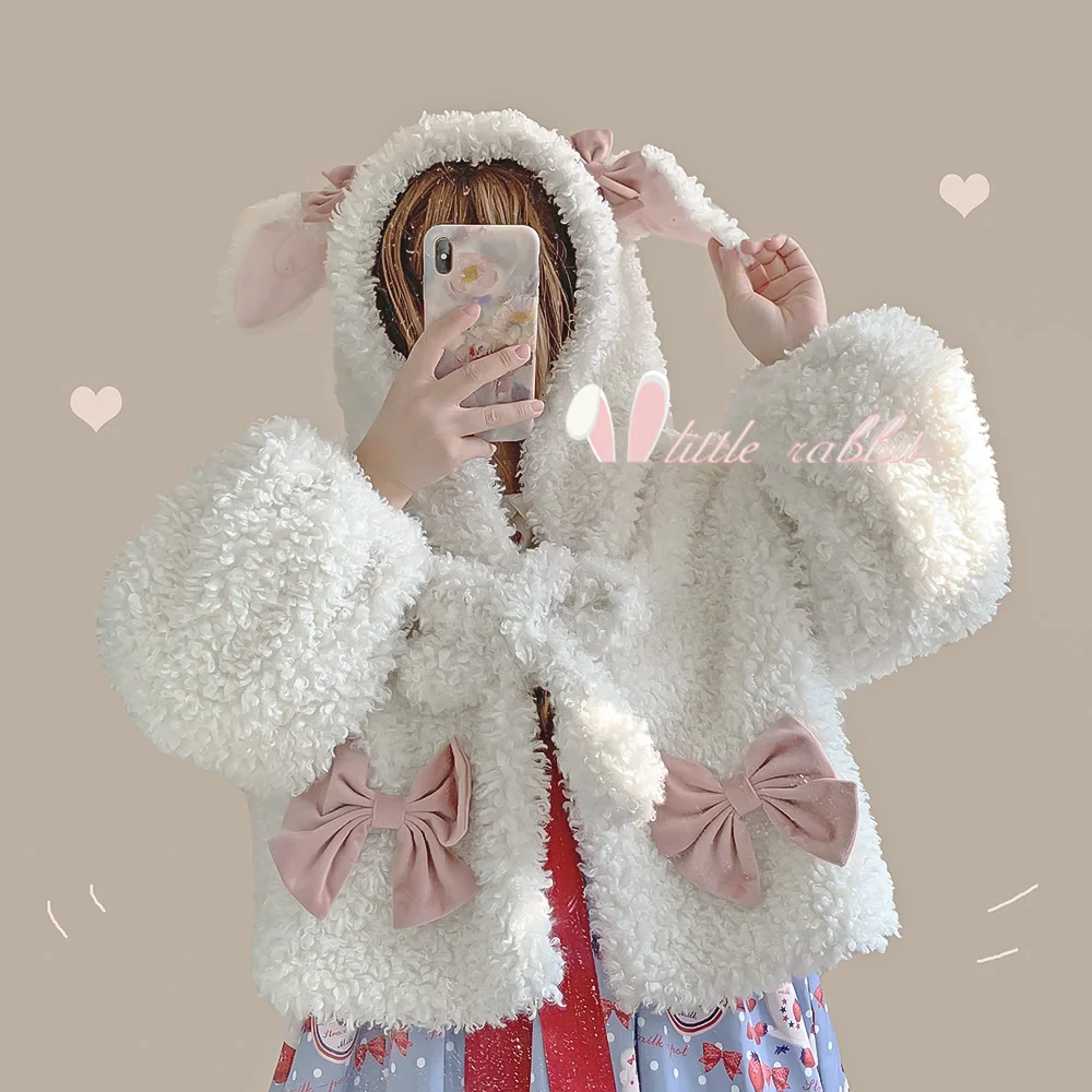 Зимнее пальто милое модное белое в стиле лолита для девочек с капюшоном Loli Lol Cos |