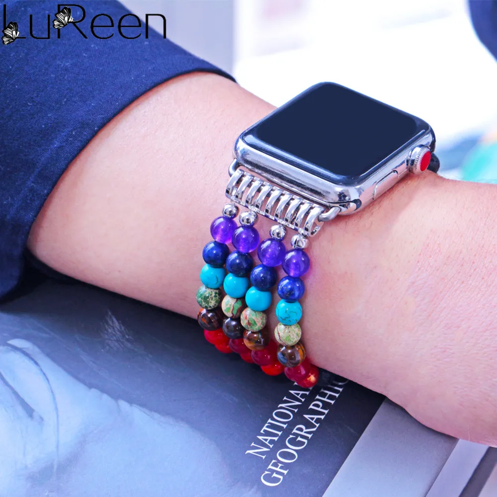 Lureen красочные Натуральный Камень Бисер ремешок для наручных часов Apple Watch серии 1/2/3/42/38 мм браслет ремешок для наручных часов iwatch, 4 5 40/44 мм