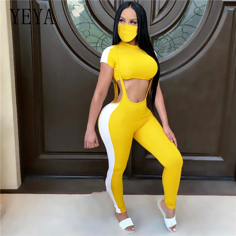 

YEYA Women 2 Piece Set Ribbed Short Sleeve Crop Top Strappy Leggings Pants Overalls Knitted Contton with Mask Matching Sets