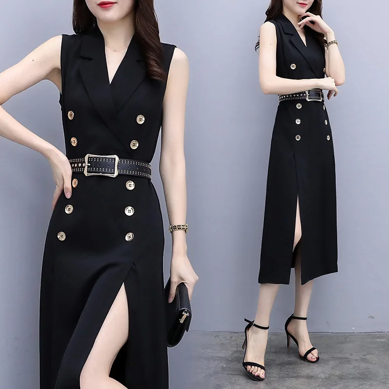 

Sexy Summer Women Fashion Luxury Designer Double-breasted Belt Sleeveless V Neck Side Slit Temperament Dresses Dress Ladies New