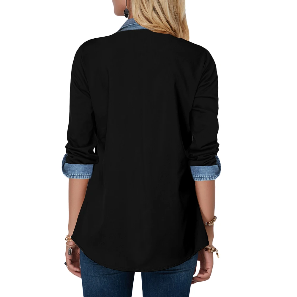 Контрастная джинсовая рубашка, женская черная блузка с воротником с лацканами и длинным рукавом, зима, женские повседневные джинсовые топы, осенние Рубашки D30