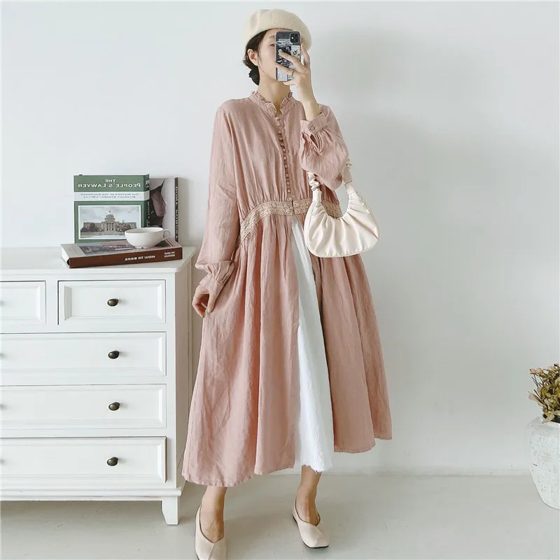 Johnature 2020 New Vintage Linen Embroidery Long
