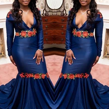 Королевское синее длинное платье для выпускного вечера африканская темнокожая девушка сексуальная глубокий v-образный вырез цветы длинный рукав русалка платье для выпускного вечера es