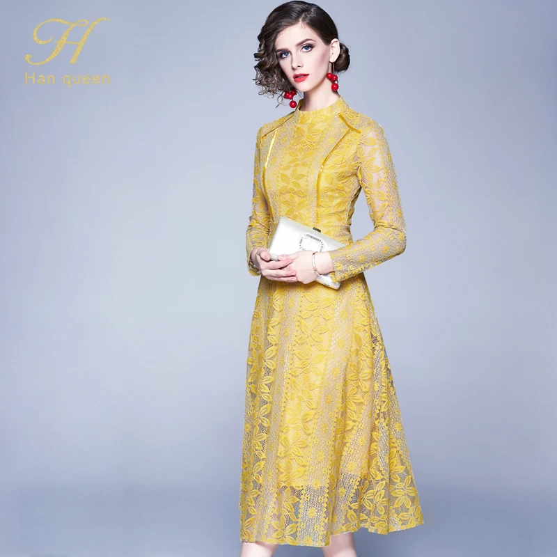 H han queen, подиумное Новое кружевное платье, для работы, повседневное, тонкое, модное, сексуальное, открытое, для вечеринки, платья для женщин, ТРАПЕЦИЕВИДНОЕ, до середины икры, винтажное платье