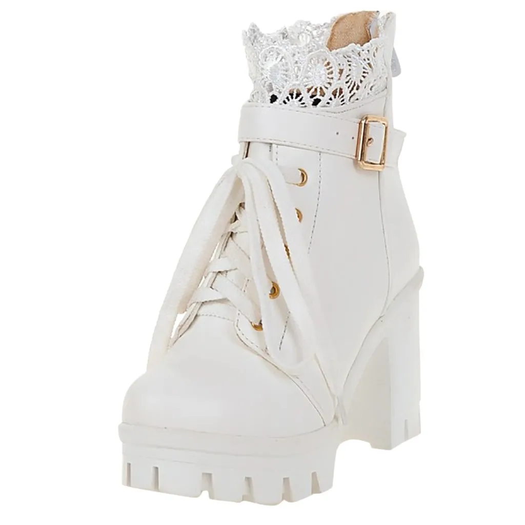 Обувь женские ботинки женские ботильоны на высоком толстом каблуке со шнуровкой модная женская обувь на платформе со шнуровкой для студентов zapatos de mujer - Цвет: Белый