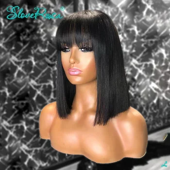 

13x4 Glueless Lace Front Human Hair Wigs With Fringe 150% Density Short Bob Wig Peruvian Remy Hair Pre Plucked Slove Rosa