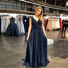 ТРАПЕЦИЕВИДНОЕ ПЛАТЬЕ С v-образным вырезом и бисером для выпускного вечера Длинное Элегантное прозрачное темно-синее атласное арабское вечернее платье на заказ