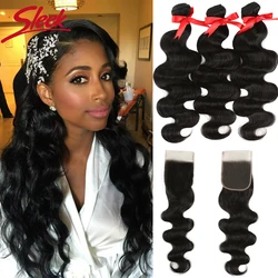 Sleek 28 Inch Human Hair Bundles With Closure Body Wave Bundles With Closure Natural Remy Brazilian Hair Extensions For Women