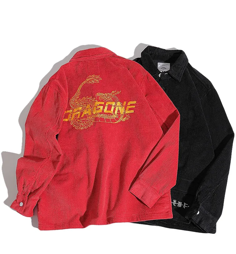Китайский дракон вышитые вельветовые куртки мужские красный черный Винтаж Свободные повседневные 2019 модные карго куртки и пальто