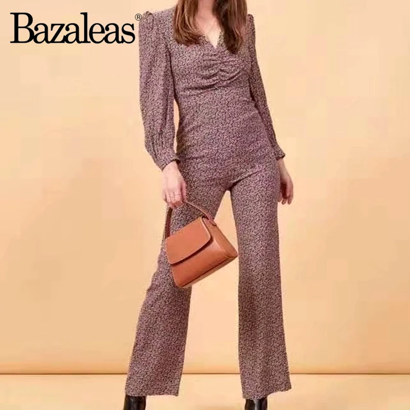 Bazaleas Франция черный мини комбинезон с цветочным принтом винтажные расклешенные брюки комбинезон облегающий Боди женские комбинезоны с рюшами