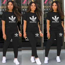 

Tracksuit Women Two Piece Sets Casual Sportswear Cotton Pullover Short Sleeve O-neck Sports Fitness Trousers Suit 2021 Summer
