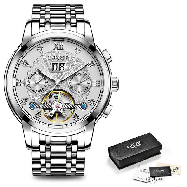 Silver white S LIGE оригинальные мужские часы автоматические механические Турбийон роскошные часы из нержавеющей стали спортивные мужские часы Relogio Masculino+ коробка - Цвет: Silver white S