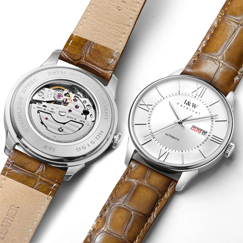 Швейцарские карнавальные мужские часы Автоматические известный бренд MIYOTA механические часы мужские из натуральной кожи relogio masculino сапфир