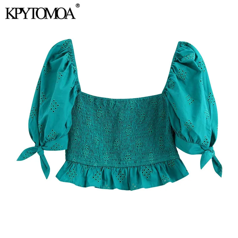 KPYTOMOA Women 2020 Fashion Cutwork Embroidery Ruffles Cropped Blouses Vintage Tied Puff Sleeve Smocked Female Shirts Chic Tops KPYTOMOA Women 2020 Fashion Cutwork Embroidery Ruffles Cropped Blouses Vintage Tied Puff Sleeve Smocked Female Shirts Chic Tops