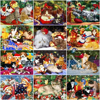 

HUACAN DIY Pictures By Number Christmas Cat Kits Home Decor Painting By Numbers Animal Drawing On Canvas HandPainted Art Gift