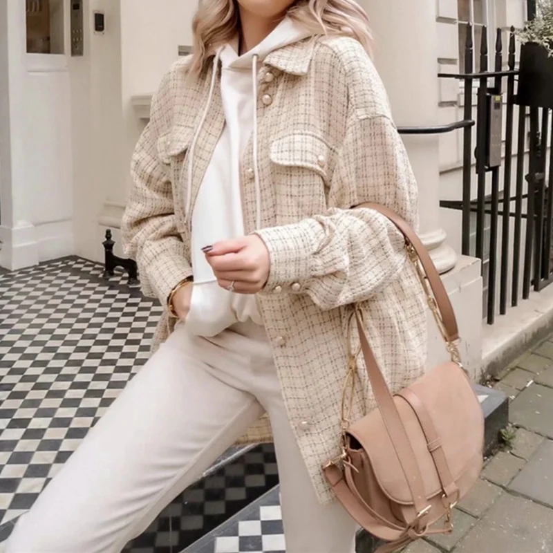 

Merodi autumn fashion ladies khaki plaid loose shirt jacket women stylish jewelry button thick coat girl oversize jacket outwear