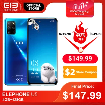 Перейти на Алиэкспресс и купить Новый ELEPHONE U5 4GB 128GB смартфон 48MP Quad камеры заднего 6,4 дюймFHD + безрамочный экран с Экран Helio P60 Octa Core 4000 мАч Android 10,0 NFC