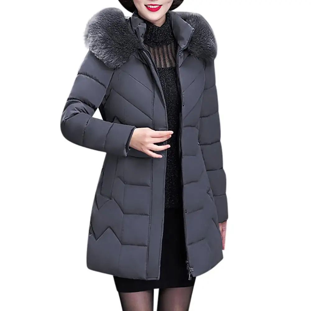 Новинка размера плюс 6XL зимняя женская куртка с капюшоном и меховым воротником X-long утепленная женская зимняя куртка из хлопка - Цвет: Серый