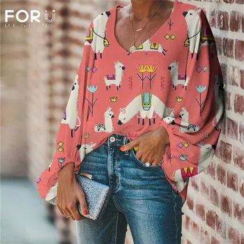 

FORUDESIGNS Cartoon Cute Animal Alpaca Pattern Large Size Women Tops and Blouse Loose Summer V-neck Long Sleeve Ladies Shirt Top