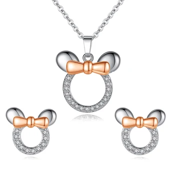 

Fashion Cute Mickey Minnie Pendant Necklaces Earring Sets for Women Cartoon Rose Gold and Zircon Dream Love Jewelry Set