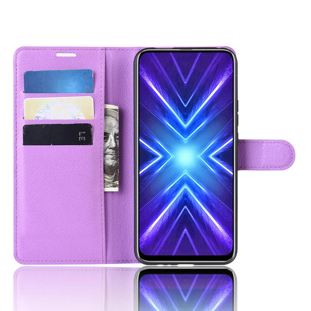 Фиолетовый Чехол для honor 9X, для huawei honor 9X или 9x, премиум-чехол, кошелек, карта, Стент, книга, стиль, флип, кожа, защита, черный, 9 X HW X9 STK-LX1 - Цвет: Фиолетовый