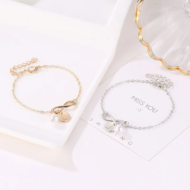 Simple New Design 26 Letter Bracelet Pearls Wafer Pendant Braclet Beach Jewelry Pulseira Feminina Drop shipping Hand Chains