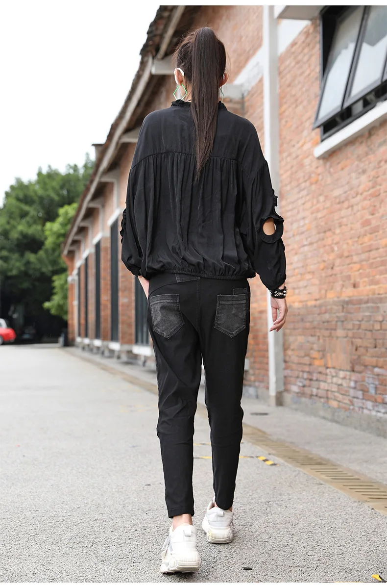 Vefadisa Hollow Out Long Sleeve T-shirt Fungus Patchwork Women T-shirt 2020 Autumn Plus Size Women T-shirt Black Red QYF3671
