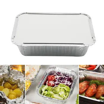 

50Pcs Disposable Rectangle Aluminum Foil Food Tray Baking Pan Container with Lid Disposable High Temperature Resistance BBQ Tray