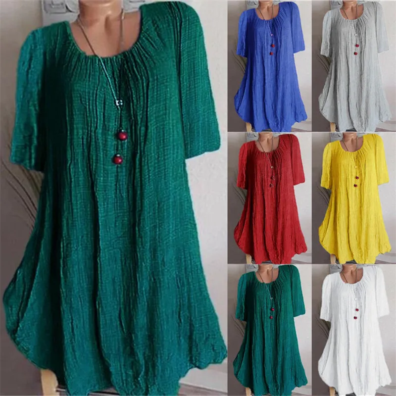 

S-XXXXXL Autumn Women Half Sleeve Wrinkle O Neck Irregular Hem Loose Dress(6 Colors)