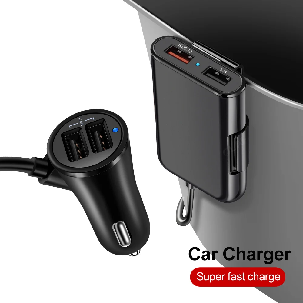 Быстрое Автомобильное зарядное устройство Quick Charge 3,0 4 USB зарядное устройство для телефона с удлинителем 5,6 фута с креплением на заднее сиденье для зарядки автомобиля для iphone samsung