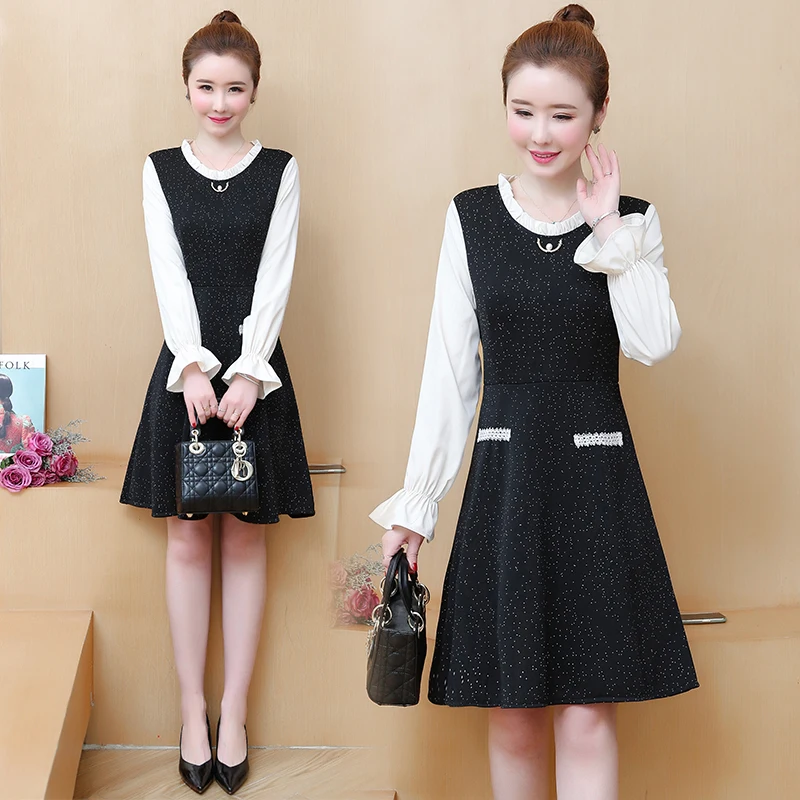 

XL-5XL Plus Size Women Fashion Two-Color Patchwork Beading Mini Dress Spring 2020 O-Neck Long Sleeve Loose Dresses Vestidos