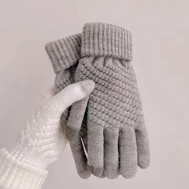 Unisex Knitted Full Finger Gloves Solid Touch Screen Mittens Two Fingers Exposed Thick Winter Warm Cycling Driving Gloves