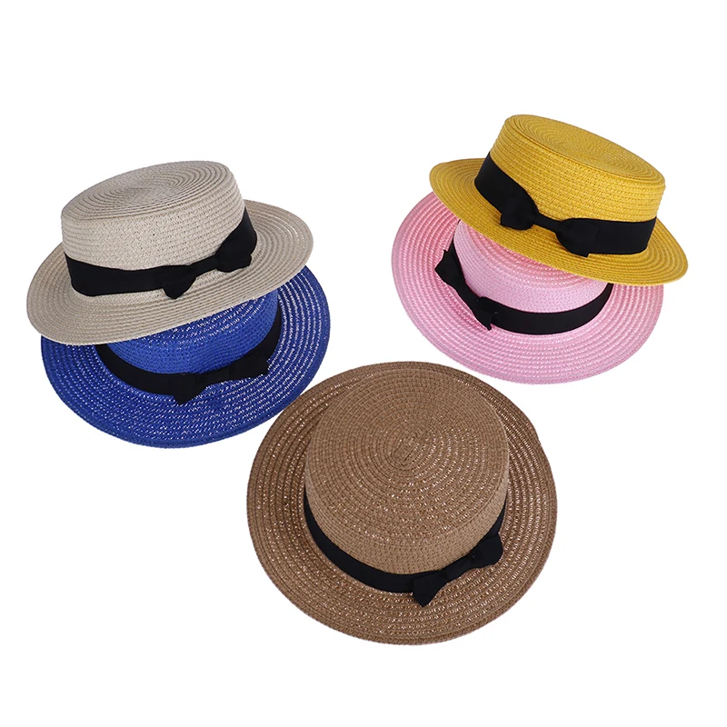 2-8T Mother Lovely Bowknot Flat Wide Brim Cap Summer Boho Straw Sun Hat Daughter Macthing Beach Cute Hat Women Kids Baby Girls