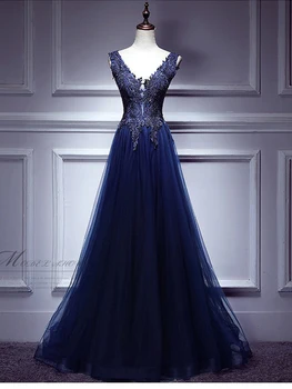 

New Elegant Dark Blue Sleeveless Bridesmaid Dresses Lace Up Long Prom Dress 2020 Tulle Applique V Neck Wedding Party Guest Gowns
