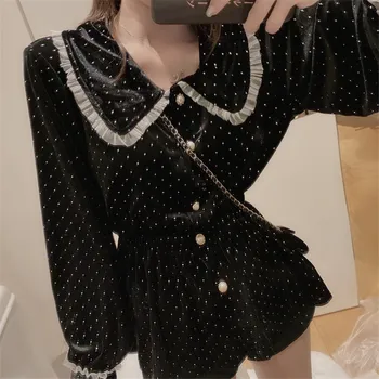 

Spring Velour Women's Shirts Lightly Ruffled Dots Velvet Long-sleeve Blouse Design Niche Janpan Style Cute Tops 2020 New Clothes